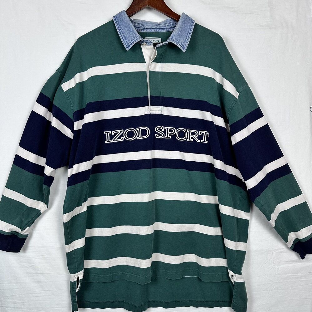 Vintage IZOD Sport Rugby Shirt 2XL Long Sleeve Blue Denim Collar Spell Out 90’s
